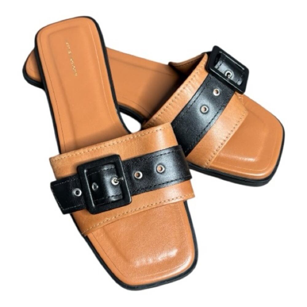 Anthropologie Brown Black Leather Slip On Sandals Buckle 40 (US 9)